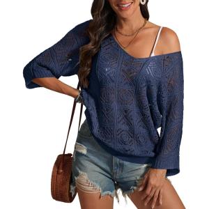 imageATHMILE Off The Shoulder Tops for Women Summer Crochet Hollow Out 34 Sleeve Pullover Sweater Beach Cover up Vacation ClothesNavy Blue