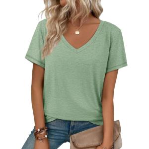 imageATHMILE Womens Tops Shirts for Women Short Sleeve V Neck Tee Summer Fashion Trendy Soft Casual Spring Clothes Outfits BeachLight Green