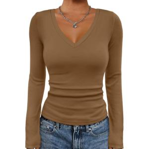 imageATHMILE Womens Fall Deep V Neck Long Sleeve Shirts Modal Slim Fit Basic Tee Tops 2025Acoffee
