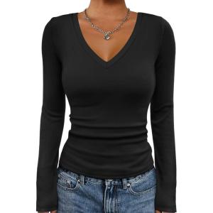 imageATHMILE Womens Fall Deep V Neck Long Sleeve Shirts Modal Slim Fit Basic Tee Tops 2025Bblack