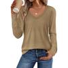 imageATHMILE Womens 2025 Fall Long Sleeve Shirts Basic Apparel Shirts Trendy V Neck Tshirt for Women Curved Hem TopsCoffee