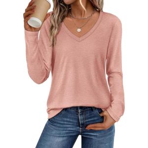 imageATHMILE Womens 2025 Fall Long Sleeve Shirts Basic Apparel Shirts Trendy V Neck Tshirt for Women Curved Hem TopsPink