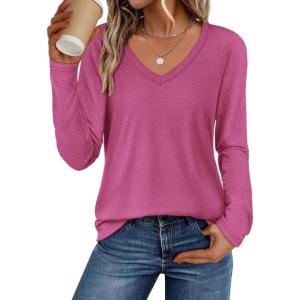 imageATHMILE Womens 2025 Fall Long Sleeve Shirts Basic Apparel Shirts Trendy V Neck Tshirt for Women Curved Hem TopsRose Red