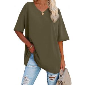 imageATHMILE Womens Oversized Shirts V Neck Plus Size Spring Workout Summer Tops Beach Vacation 2026 Gym Clothes Basic TeeArmy Green