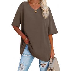 imageATHMILE Womens Oversized Shirts V Neck Plus Size Spring Workout Summer Tops Beach Vacation 2026 Gym Clothes Basic TeeLight Brown