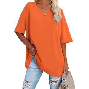 imageATHMILE Womens Oversized Shirts V Neck Plus Size Spring Workout Summer Tops Beach Vacation 2026 Gym Clothes Basic TeeOrange