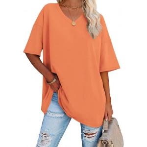 imageATHMILE Womens Oversized Shirts V Neck Plus Size Spring Workout Summer Tops Beach Vacation 2026 Gym Clothes Basic TeeOrange Pink