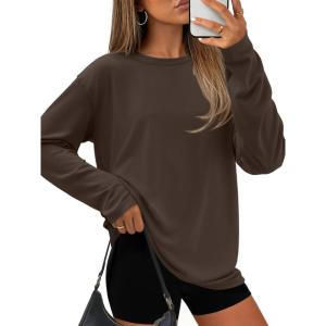 imageATHMILE Womens Oversized T Shirts Loose Fit Crewneck Short Sleeve Tops Summer Casual Blouse Y2K 2025 Basic Tee BeachZbrown