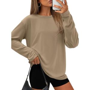 imageATHMILE Womens Oversized T Shirts Loose Fit Crewneck Short Sleeve Tops Summer Casual Blouse Y2K 2025 Basic Tee BeachZkhaki