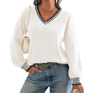 imageATHMILE Womens Sweaters V Neck Long Sleeve Contrast Knit Casual Pullover Fall Winter Outfits Cute Tops 2026White