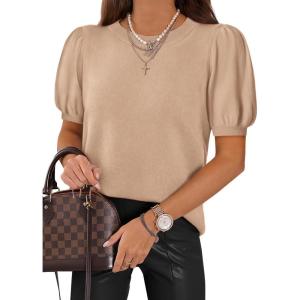 imageATHMILE Womens Puff Short Sleeve Sweater Tops 2026 Spring Summer Trendy Crew Neck Cute Casual T Shirts BlousesBeige
