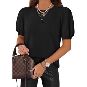 imageATHMILE Womens Puff Short Sleeve Sweater Tops 2026 Spring Summer Trendy Crew Neck Cute Casual T Shirts BlousesBlack