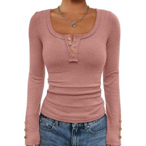 imageATHMILE Womens Long Sleeve Shirts Casual Fall Henley Top Button Down Blouses Basic Ribbed Knit T Shirts 2025Pink