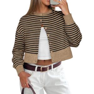 imageATHMILE Cropped Cardigan Sweaters for Women Lightweight Crop Knit Y2k Fall Outfits Fashion Clothes 2025Khaki Black Stripes