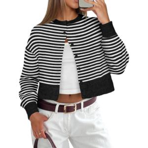imageATHMILE Cropped Cardigan Sweaters for Women Lightweight Crop Knit Y2k Fall Outfits Fashion Clothes 2025White Black Stripes