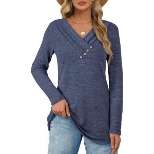 image:imageATHMILE Long Sleeve Shirts for Women Early Fall Fashion Tops 2026 Casual V Neck Button Blouses Tunic Tops for LeggingsBlue