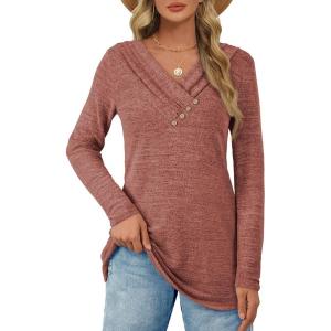 image:imageATHMILE Long Sleeve Shirts for Women Early Fall Fashion Tops 2026 Casual V Neck Button Blouses Tunic Tops for LeggingsCaramel
