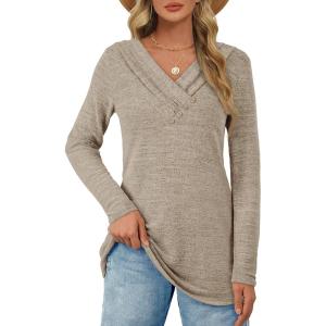 image:imageATHMILE Long Sleeve Shirts for Women Early Fall Fashion Tops 2026 Casual V Neck Button Blouses Tunic Tops for LeggingsKhaki