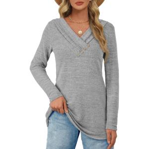 image:imageATHMILE Long Sleeve Shirts for Women Early Fall Fashion Tops 2026 Casual V Neck Button Blouses Tunic Tops for LeggingsLight Gray