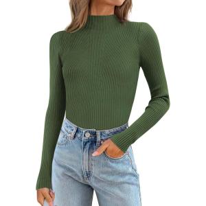image:imageATHMILE Womens 2026 Fall Long Sleeve Pullover Ribbed Knit Sweater Low Mock Neck Slim Fit Basic Casual Tee TopsArmy Green