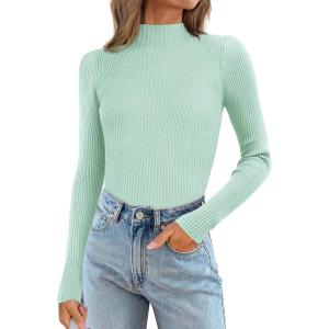 image:imageATHMILE Womens 2026 Fall Long Sleeve Pullover Ribbed Knit Sweater Low Mock Neck Slim Fit Basic Casual Tee TopsMint Green