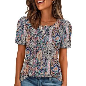 image:imageATHMILE Womens T Shirts Short Sleeve Summer Tops Pleated Dressy Casual Blouses Spring Clothes Beach Vacation 2026Bohemian Color