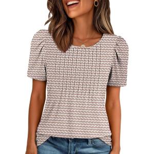 image:imageATHMILE Womens T Shirts Short Sleeve Summer Tops Pleated Dressy Casual Blouses Spring Clothes Beach Vacation 2026Brown Stripes