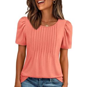 image:imageATHMILE Womens T Shirts Short Sleeve Summer Tops Pleated Dressy Casual Blouses Spring Clothes Beach Vacation 2026Coral