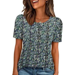 image:imageATHMILE Womens T Shirts Short Sleeve Summer Tops Pleated Dressy Casual Blouses Spring Clothes Beach Vacation 2026Floralblue