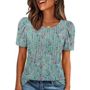 image:imageATHMILE Womens T Shirts Short Sleeve Summer Tops Pleated Dressy Casual Blouses Spring Clothes Beach Vacation 2026Green Floral