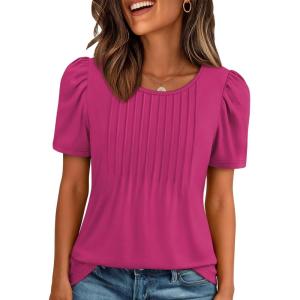 image:imageATHMILE Womens T Shirts Short Sleeve Summer Tops Pleated Dressy Casual Blouses Spring Clothes Beach Vacation 2026Hot Pink
