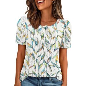 image:imageATHMILE Womens T Shirts Short Sleeve Summer Tops Pleated Dressy Casual Blouses Spring Clothes Beach Vacation 2026Multileaf