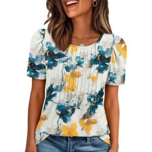 image:imageATHMILE Womens T Shirts Short Sleeve Summer Tops Pleated Dressy Casual Blouses Spring Clothes Beach Vacation 2026Multiteal
