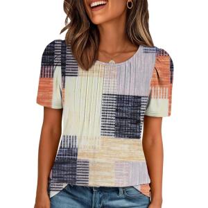 image:imageATHMILE Womens T Shirts Short Sleeve Summer Tops Pleated Dressy Casual Blouses Spring Clothes Beach Vacation 2026Orange and Blue Plaid