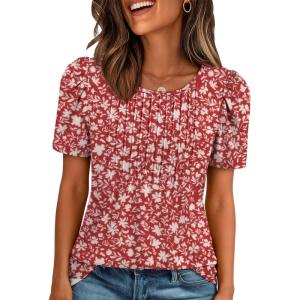 image:imageATHMILE Womens T Shirts Short Sleeve Summer Tops Pleated Dressy Casual Blouses Spring Clothes Beach Vacation 2026Red Apricot Floral