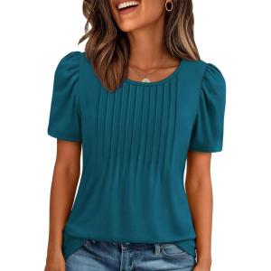 image:imageATHMILE Womens T Shirts Short Sleeve Summer Tops Pleated Dressy Casual Blouses Spring Clothes Beach Vacation 2026Teal