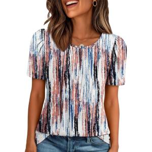 image:imageATHMILE Womens T Shirts Short Sleeve Summer Tops Pleated Dressy Casual Blouses Spring Clothes Beach Vacation 2026Tiedye Brown