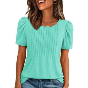 image:imageATHMILE Womens T Shirts Short Sleeve Summer Tops Pleated Dressy Casual Blouses Spring Clothes Beach Vacation 2026Turquoise
