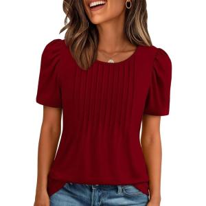 image:imageATHMILE Womens T Shirts Short Sleeve Summer Tops Pleated Dressy Casual Blouses Spring Clothes Beach Vacation 2026Wine Red
