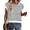 image:imageATHMILE Womens Short Sleeve Sweater Spring Summer Striped Teacher Round Neck Pullover Cap Sleeve Knit Cute Vest Tops 2026White
