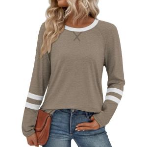 image:imageATHMILE Womens Long Sleeve Shirts Color Block Casual Crewneck Tops Tshirt Basic Tee Fall Fashion Clothes Trendy Outfits 2026Coffee Grey