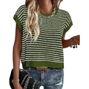 image:imageATHMILE Womens Short Sleeve Sweater Spring Summer Striped Teacher Round Neck Pullover Cap Sleeve Knit Cute Vest Tops 2026Army Green