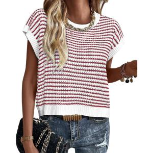 image:imageATHMILE Womens Short Sleeve Sweater Spring Summer Striped Teacher Round Neck Pullover Cap Sleeve Knit Cute Vest Tops 2026Red