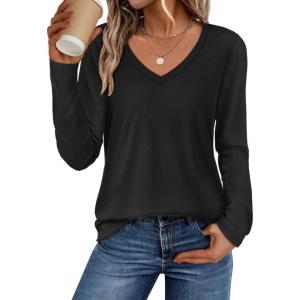 image:imageATHMILE Womens 2026 Fall Long Sleeve Shirts Basic Apparel Shirts Trendy V Neck Tshirt for Women Curved Hem TopsBlack