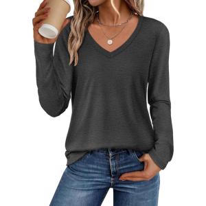 image:imageATHMILE Womens 2026 Fall Long Sleeve Shirts Basic Apparel Shirts Trendy V Neck Tshirt for Women Curved Hem TopsBlack Grey
