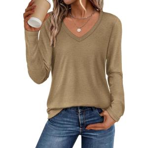 image:imageATHMILE Womens 2026 Fall Long Sleeve Shirts Basic Apparel Shirts Trendy V Neck Tshirt for Women Curved Hem TopsCoffee