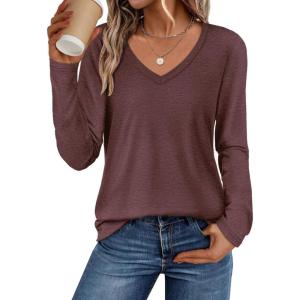 image:imageATHMILE Womens 2026 Fall Long Sleeve Shirts Basic Apparel Shirts Trendy V Neck Tshirt for Women Curved Hem TopsWine Red