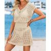 image:imageATHMILE Women Crochet Swim Coverups Short Sleeve V Neck Bathing Suit Beach Dress Summer Swimwear Cover UpApricot