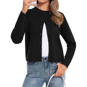 image:imageATHMILE Cropped Cardigan Sweaters for Women Long Sleeve Button Up Cable Knit Lightweight Cardigan Spring Clothes 2026Black