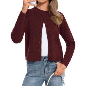 image:imageATHMILE Cropped Cardigan Sweaters for Women Long Sleeve Button Up Cable Knit Lightweight Cardigan Spring Clothes 2026Wine